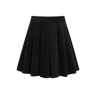 KBNE黑色磨毛半身裙百褶裙2025秋冬新款小个子A字裙半裙气质短裙