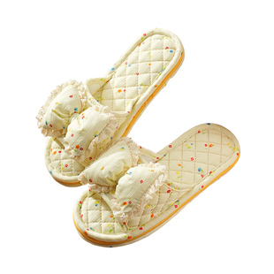 新款居家布艺蕾丝蝴蝶结韩版女款三层布底静音地板专用家居拖鞋