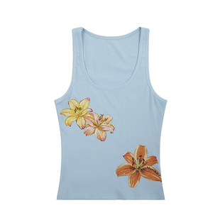 F383 2025美式夏季植物花卉印花工字背心辣妹修身显瘦休闲上衣ins