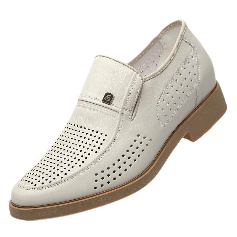 男士米白色增高鞋夏季透气内增高凉皮鞋英伦正装男鞋新郎结婚鞋
