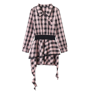 织物猪 黑桃序约 甜酷风格子衬衫连衣裙女早秋收腰长袖不规则短裙