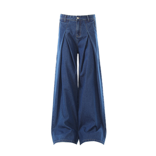 华夏印迹 美式复古阔腿牛仔裤男宽松褶皱水洗做旧微喇拖地长裤潮