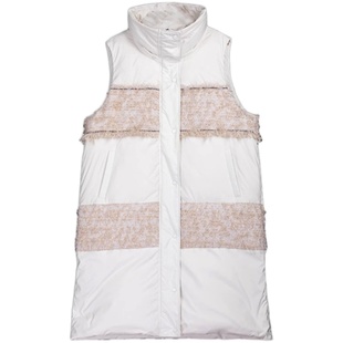 诗梦女装秋冬米白色长款羽绒服马甲小香风粗花呢拼接立领宽松直身