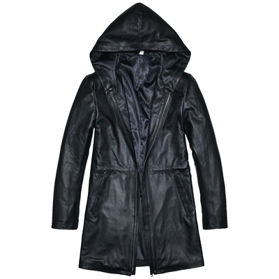 头层牛皮真皮衣男修身中长连帽衫