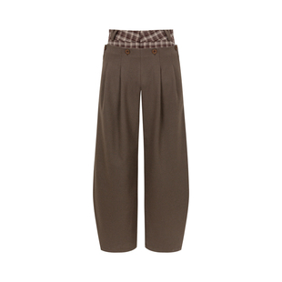 dorydory 格纹拼接西装裤女2025秋冬季新款棕色阔腿香蕉裤子垂感