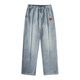 查尔斯桃心 牛仔裤男春秋冬季宽松直筒阔腿黄泥2026新款休闲裤子
