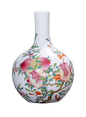 景德镇花瓶粉彩寿桃石榴纹天球瓶