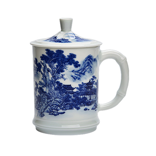 诚德轩陶瓷办公杯景德镇手绘青花山水家用喝水杯带盖个人云山仙苑