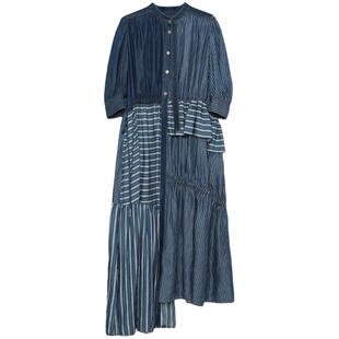 天丝牛仔半圆原创设计师品牌2025夏季条纹设计感超好看长款连衣裙