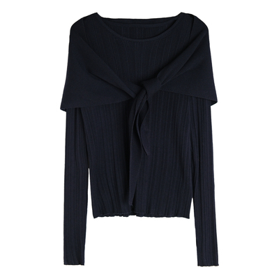 竖坑条修身针织衫+披肩两件套秋