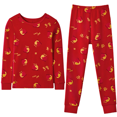 红豆儿童红色印花保暖内衣套装