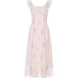 从那以后法式粉色连衣裙夏小飞袖吊带裙长裙度假风穿搭碎花裙子女