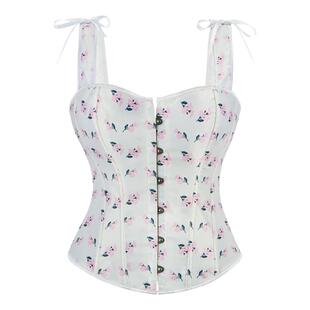 欧美宫廷束身衣女吊带背心束身衣白色印花时尚塑身衣双肩带鱼骨衣