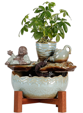 创意饰品鱼缸客厅小型家用桌面陶瓷玻璃风水轮 循环迷你流水族箱