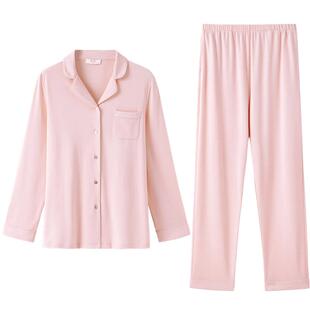 曼妮芬春夏翻领棉莫睡衣长袖长裤套装女士舒适可外穿高级家居服