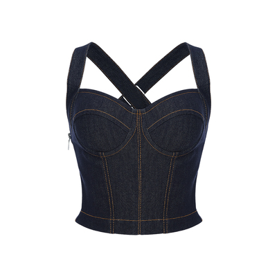 CORSELET经典弹力牛仔挂脖抹胸上衣交叉背心束腰通勤外穿鱼骨胸衣