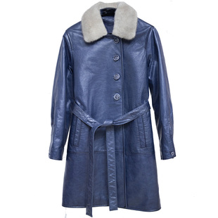 真皮牛皮羽绒服女士中长款水貂毛领海宁新款系带保暖做旧收腰外套