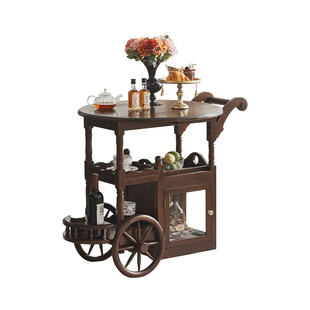 淘美庭美式复古全实木可移动可折叠餐车小边几角几法式小推车