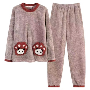 法兰绒睡衣女冬季加绒加厚秋冬保暖珊瑚绒可外穿长毛绒家居服套装