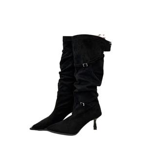 2025新款法式复古百搭尖头绒面长筒靴女褶皱堆堆靴皮带扣高跟长靴