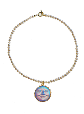 精品吊坠蓝色月亮脸淡水珍珠颈链