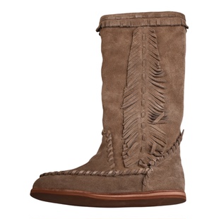 今日足屋游牧风流苏骑士靴女冬季棕色圆头低跟舒适复古靴子253034