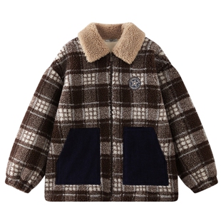 MQD童装男童加厚加绒外套2025冬季新款儿童仿羊羔绒撞色拼块上衣