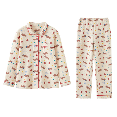 日系新款秋冬新款纯棉睡衣女空气棉三层夹棉加厚保暖卡通大码宽松