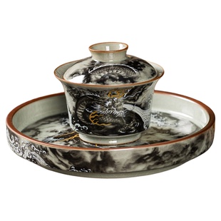 景德镇墨龙出海功夫茶具套装新年礼物家用办公陶瓷茶杯盖碗三件套