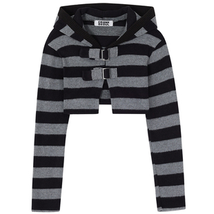 CRANK 25冬新款条纹针织超短针织上衣带扣连帽长袖披肩韩国代购