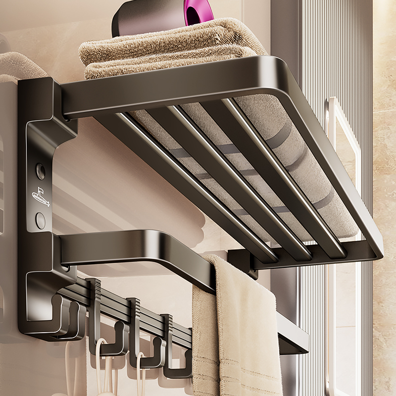 潜水艇毛巾架免打孔化妆室高端浴室浴巾双杆置物架厕所卫浴套装