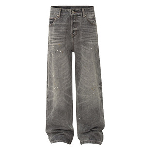 Lisa同款复古水洗做旧灰色泼墨牛仔裤女设计感宽松显瘦直筒阔腿裤