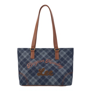 Lee女大容量牛仔帆布硬底托特包大学生通勤上课包英伦风格纹单肩