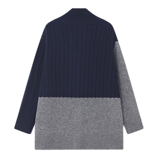 百家好撞色菱形格高领毛衣女2026春新款复古绞花拼接慵懒风针织衫