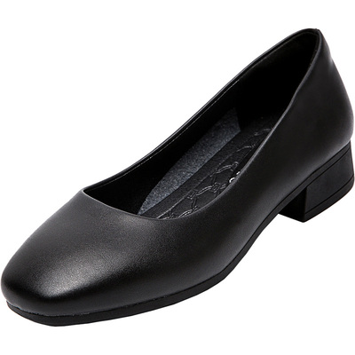 方头工作鞋职业通勤粗跟软底皮鞋