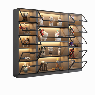 定制玻璃门手办展示柜整墙上翻门书架乐高模型家用客厅液压门书柜