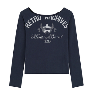 DOUBLED美式辣妹风一字肩字母印花长袖T恤女春季修身露肩显瘦上衣