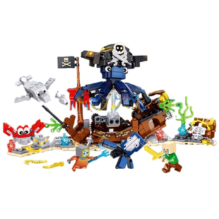 M牌我的像素世界海底沉船守卫者荒岛生存鱿鱼上灯塔拼装积木玩具