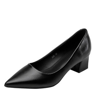 羊皮粗跟面试女鞋2025新款黑色职业工作单鞋空乘公务员正装高跟鞋