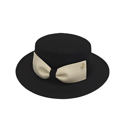 蝴蝶结羊毛呢平顶礼帽女法式复古