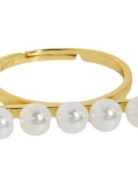 DL韩版ins小众设计感气质百搭平衡木镶贝珠S925纯银开口细戒指女