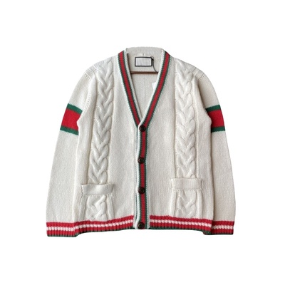 中长款针织开衫V领撞色条纹外套