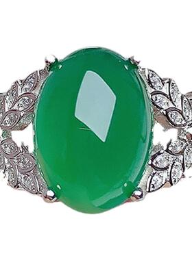 纯银镶嵌天然绿玉髓戒指食指戒女