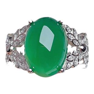 天然冰种翡翠帝王绿玉髓玛瑙戒指食指戒开口戒女纯银镶嵌原创设计