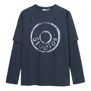 AC风格纽扣LOGO字母印花高街做旧破洞假两件男女宽松休闲长袖T恤