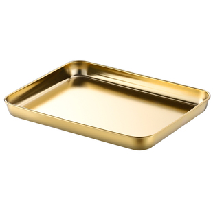 304不锈钢平底托盘长方形浅盘烧烤盘火锅菜盘餐厅金色托盘收纳盘