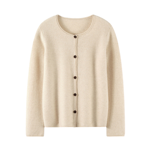 气质宽松~100纯山羊绒衫女白色卷边圆领毛衣外套2025秋冬新针织衫