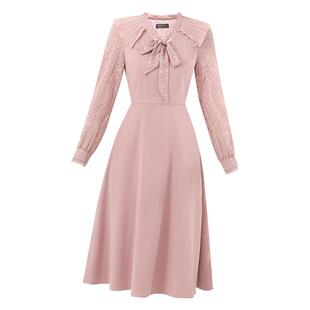 未风粉色娃娃领连衣裙女春2026春季新款女装气质高腰显瘦长袖裙子