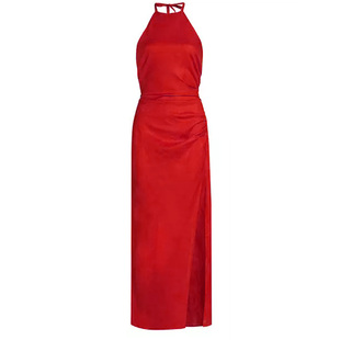 ref法式小众收腰开衩棉麻挂脖红色连衣裙子性感气质显瘦包臀长裙