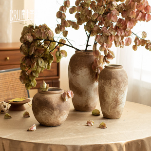 复古高款粗陶花瓶土陶罐栾树果干花花器客厅落地侘寂中式摆件秋韵